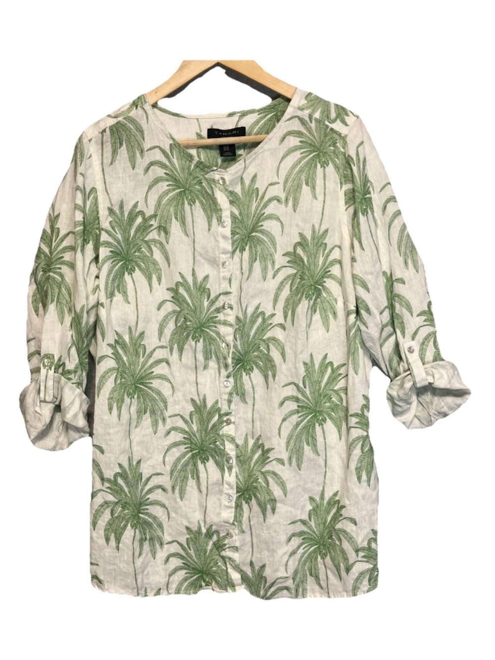 Tahari 1X Linen Palm Tree Tropical Print Button Down Shirt Jacket Beach Boho